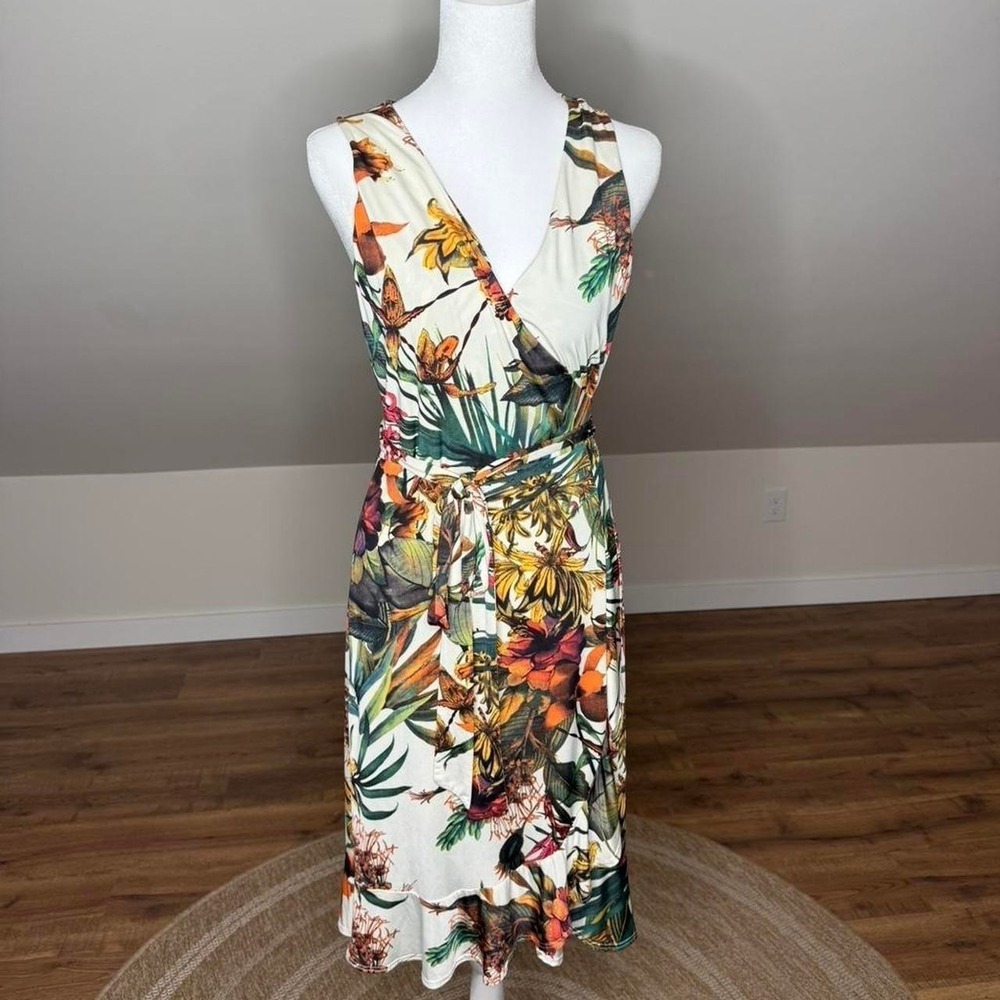 Tropical Floral Wrap Dress Sleeveless Ruffle Hem Midi Cream Green Orange